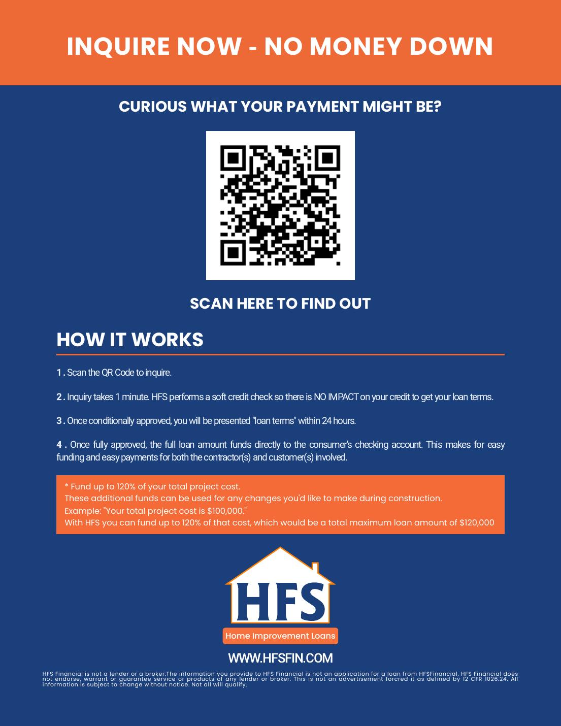 How HFS Financial works: one minute inquiry, soft credit check, loan terms within 24 hours, funds direct to your checking account
