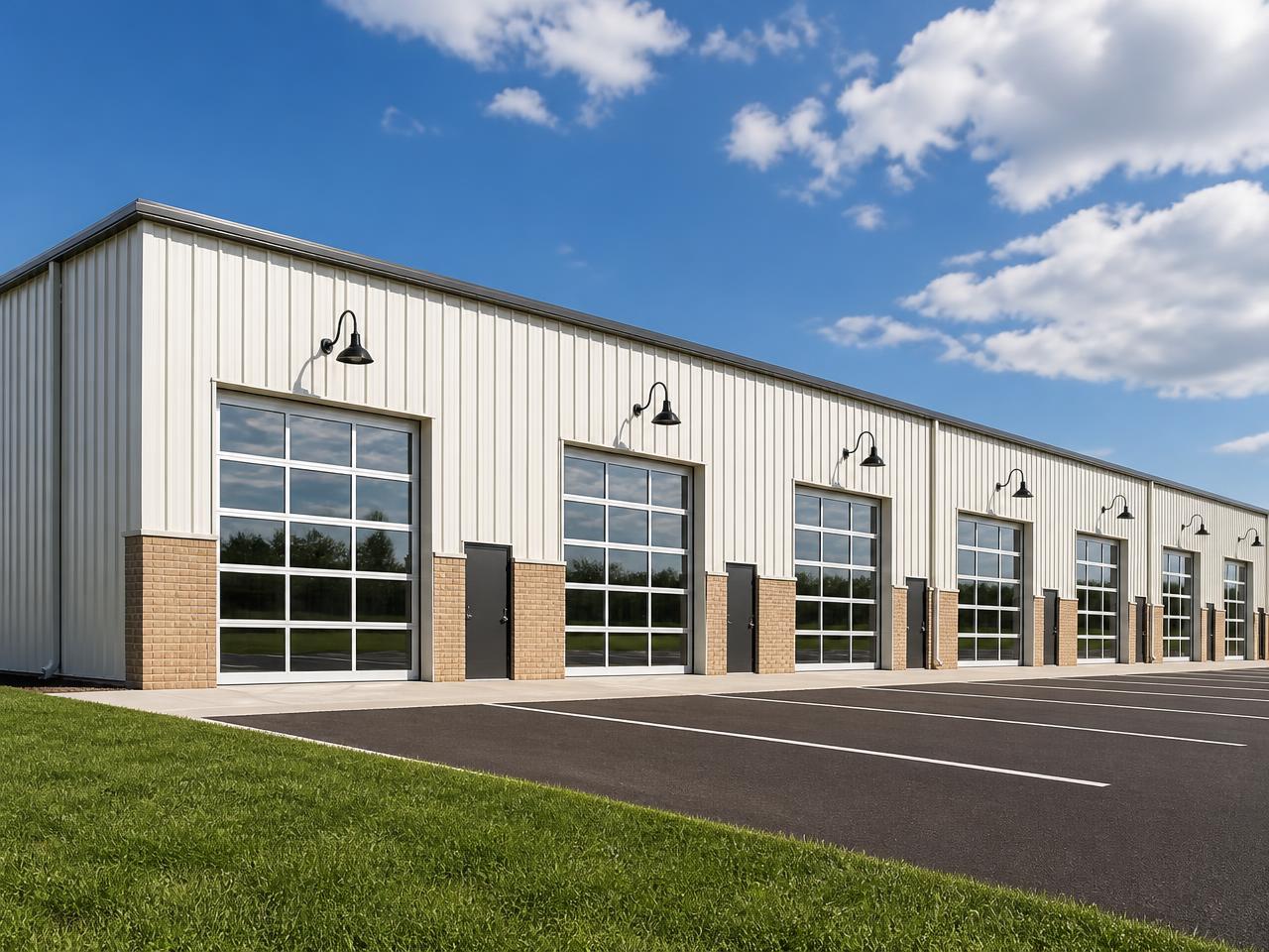 Flex condo business park with a row of individually owned units, each with its own storefront entry and unit-number signage