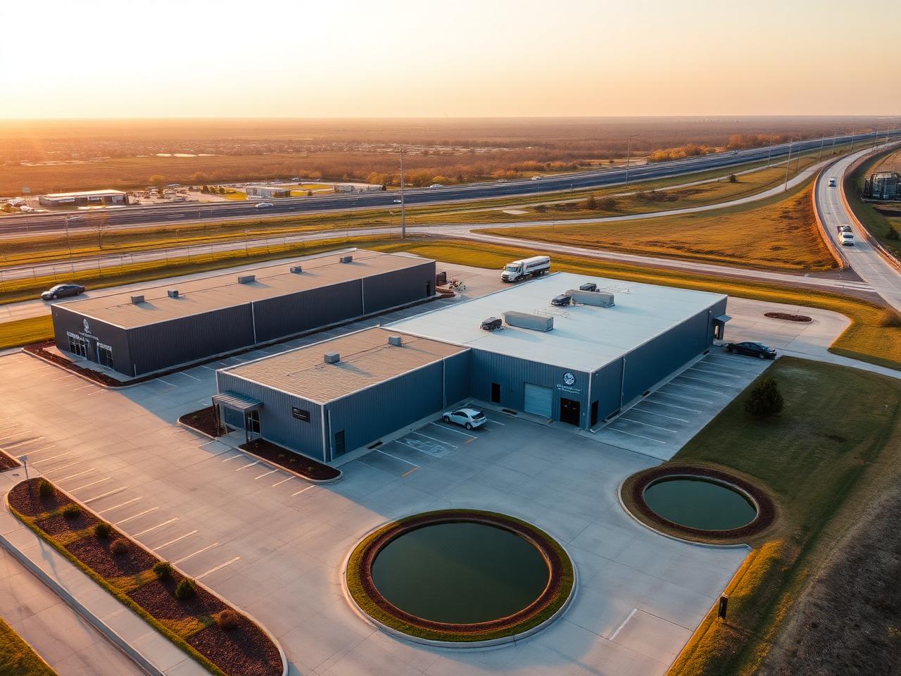 Aerial view of a completed Novara flex business park with multiple metal buildings and parking courts