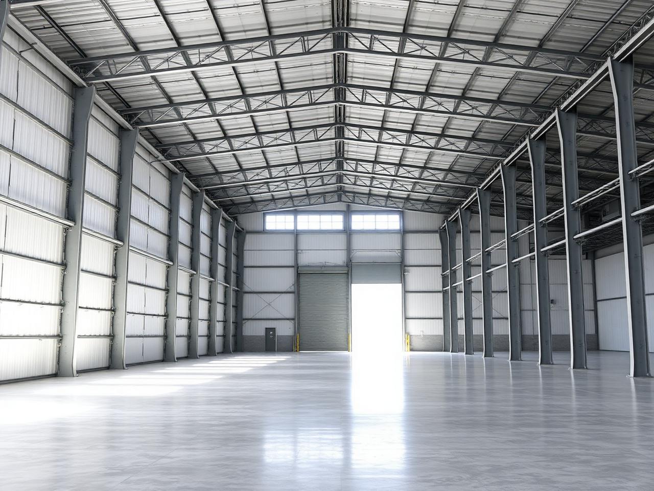 Finished clear-span warehouse bay with LED high-bay lighting and sealed concrete floor