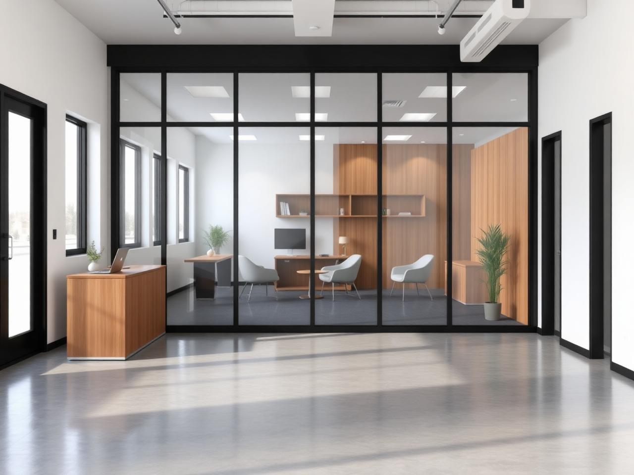 Finished showroom office interior inside a flex unit with glass partition and wood accents