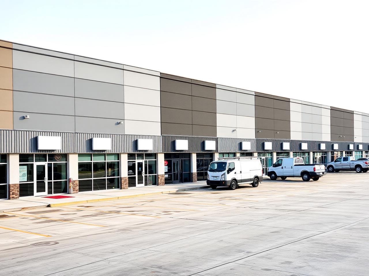 Row of leased flex units with tenant storefronts and work vehicles