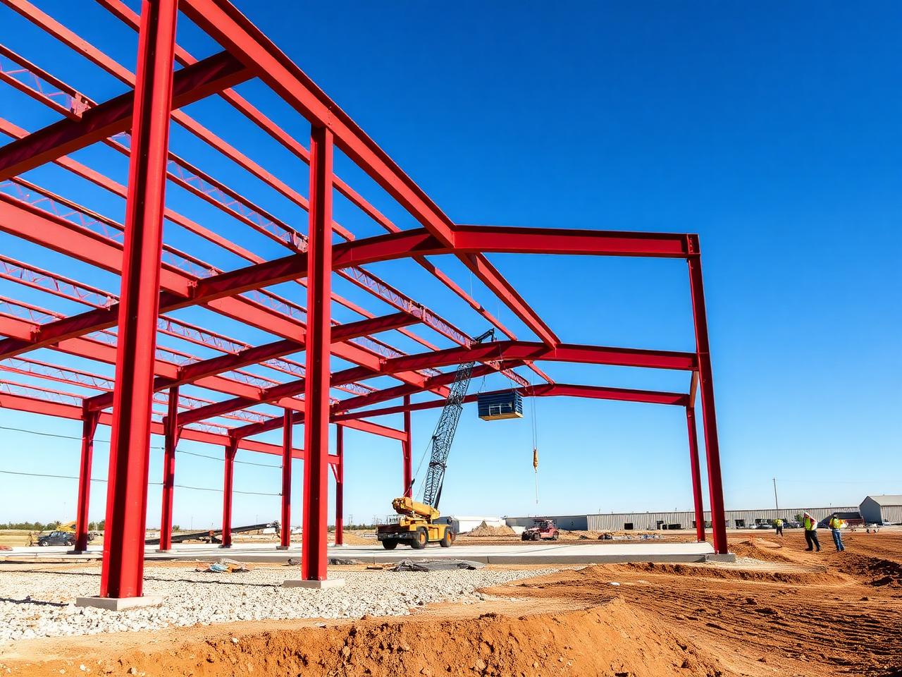 Red-iron steel frame erection for a clear-span flex building