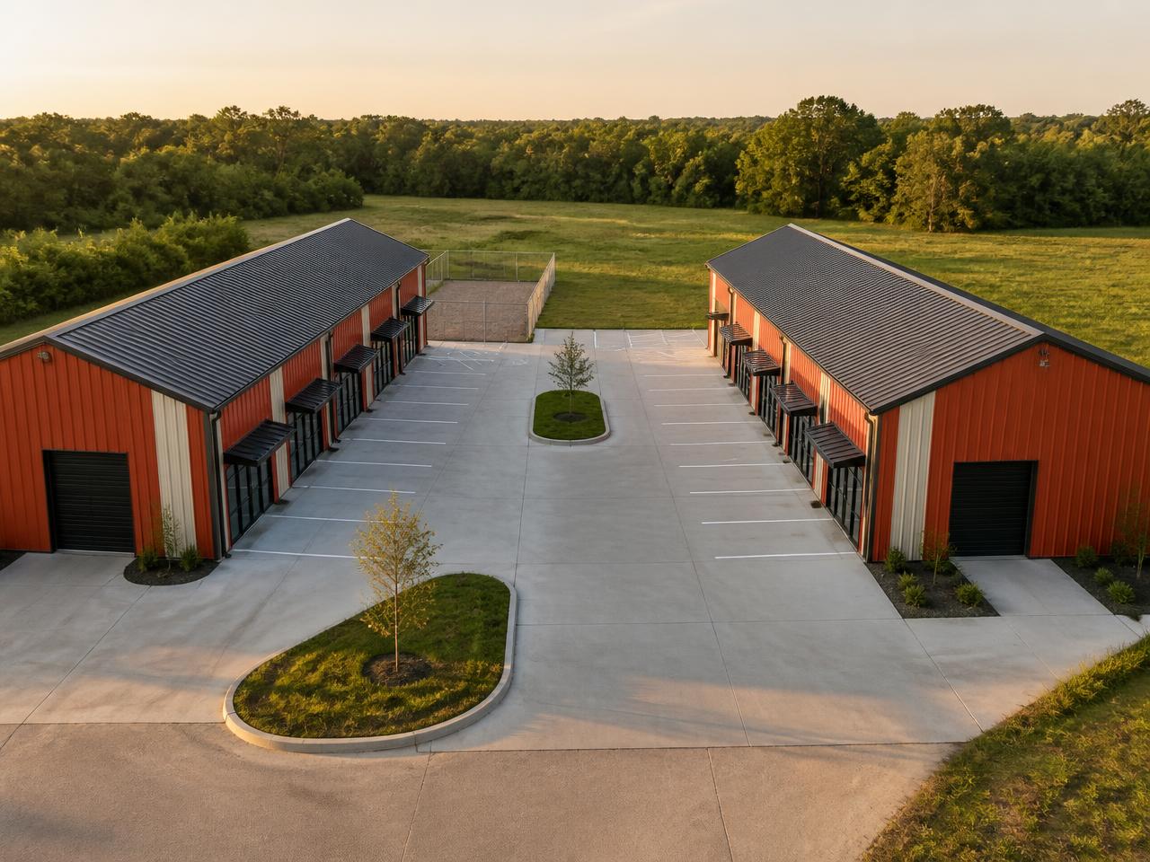 Hybrid flex park with glassy showroom units on the street frontage and simpler contractor warehouse bays behind