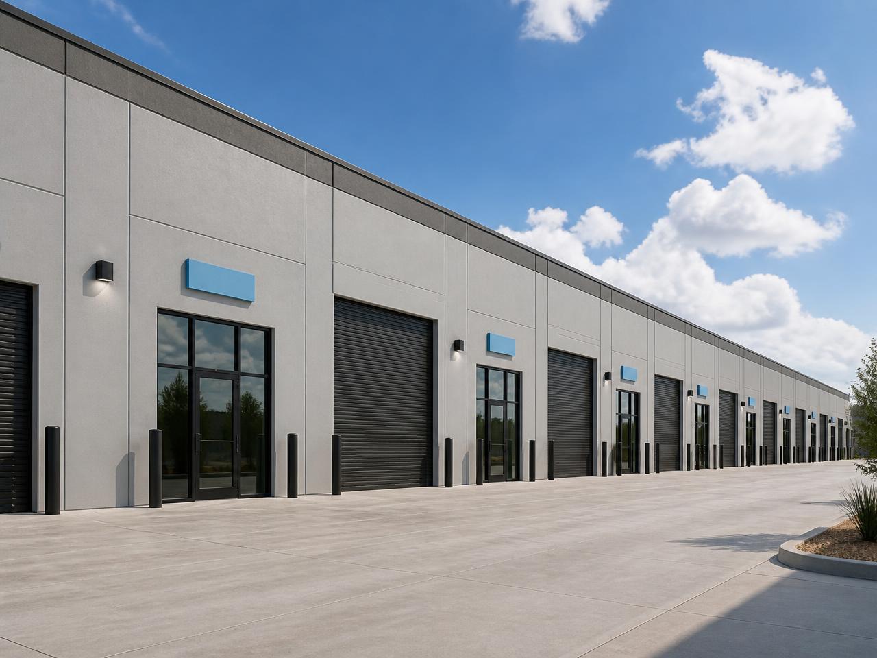 Premium flex building with light architectural panel facade, generous storefront glazing, and monument signage