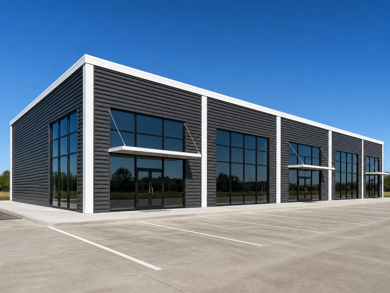 Flex showroom building with dark metal facade, full-height black-framed glass storefronts, and steel entry canopies