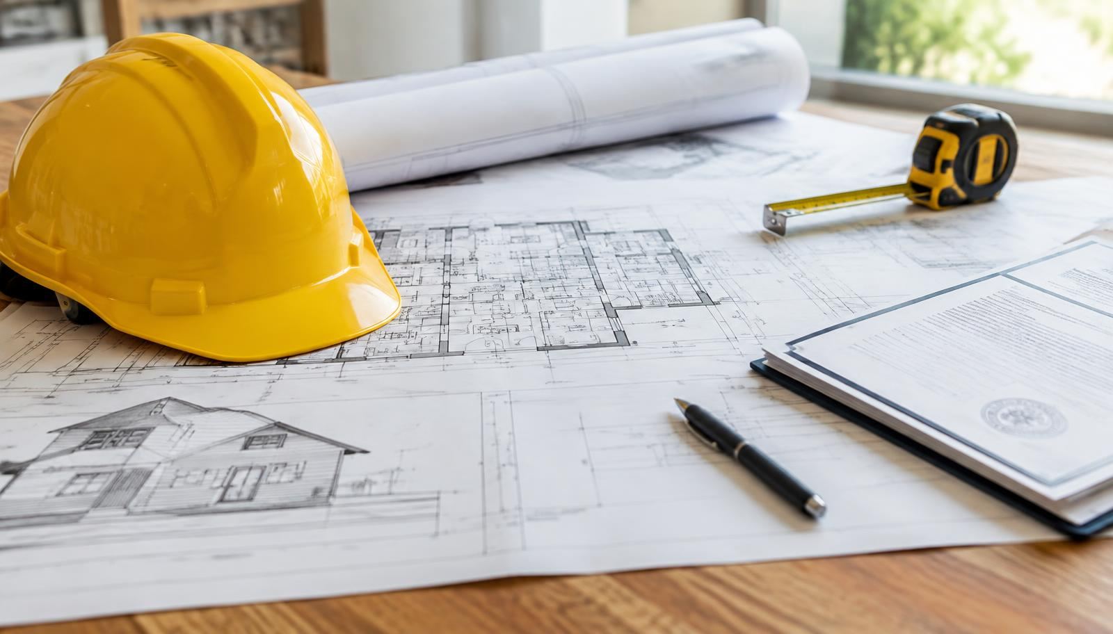 Construction drawings, a tape measure and permit paperwork on a table